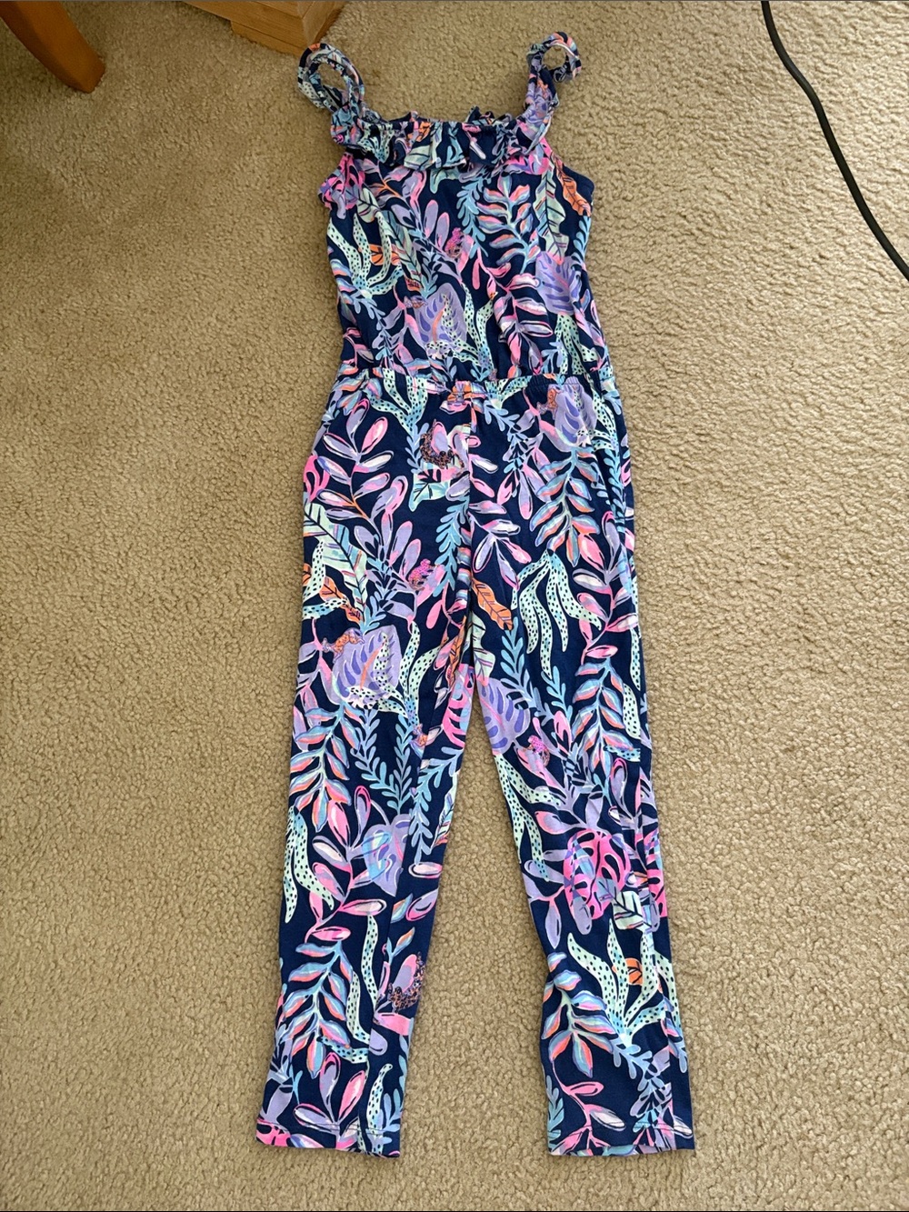 Lilly Pulitzer Navy Jumpsuit with Pink, Lavender & Aqua Leaf Print